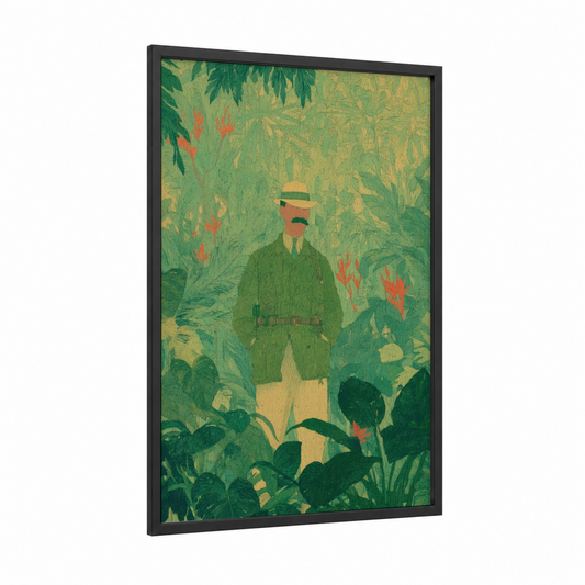 Garden Explorer framed men's fashion print — black wood frame — green and gold palette