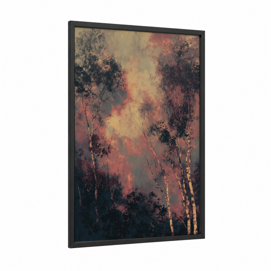 Misty Birch Forest framed art print — black wood frame — gold and rose gold palette