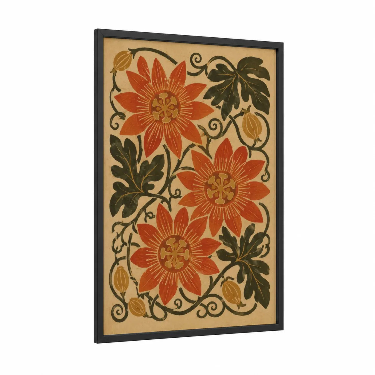 Vintage Floral Art Deco Wall Art framed flower print — black wood frame — orange and beige palette