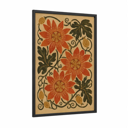 Vintage Floral Art Deco Wall Art framed flower print — black wood frame — orange and beige palette