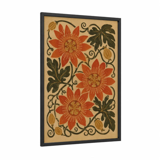 Vintage Floral Art Deco Wall Art framed flower print — black wood frame — orange and beige palette