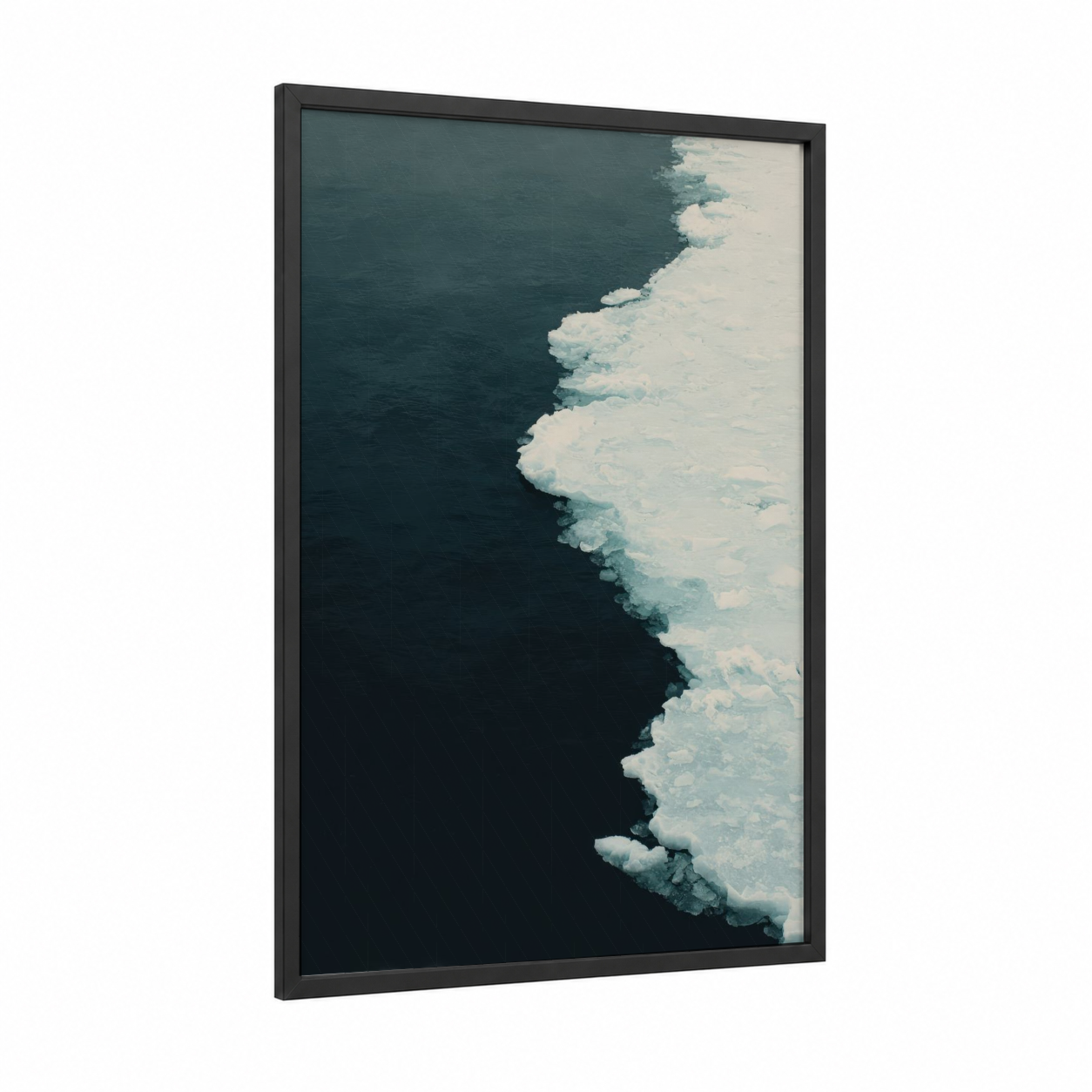 Glacial Edge framed glacier print — black wood frame — blue and white and dark blue palette
