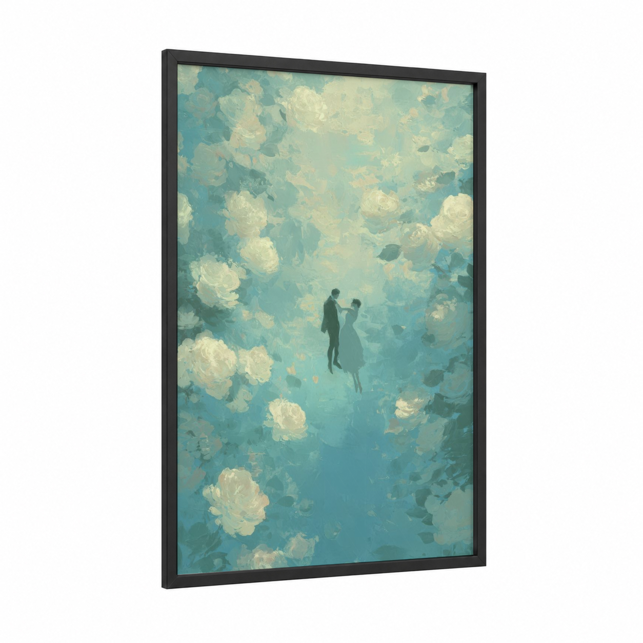 Dreaming Together framed groom and bride print — black wood frame — blue and white and cream palette