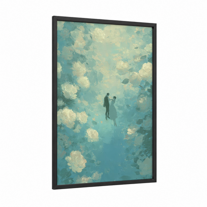 Dreaming Together framed groom and bride print — black wood frame — blue and white and cream palette