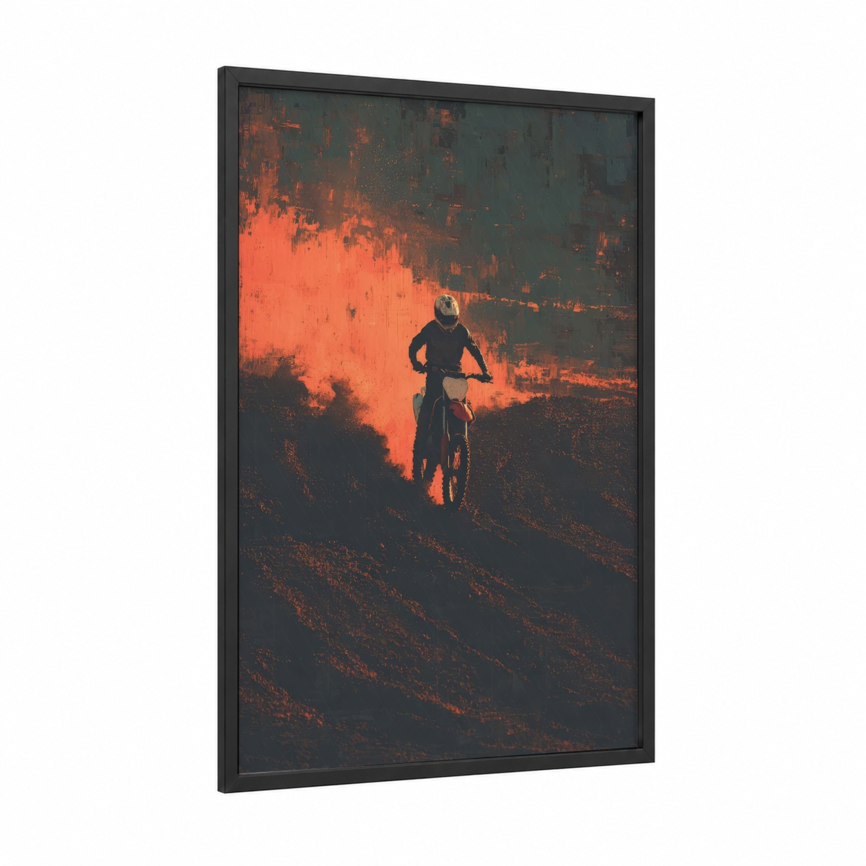 Inferno Motocross framed art print — black wood frame — orange and black palette