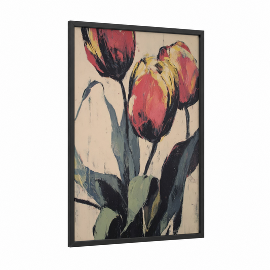Crimson Tulip Study framed art print — black wood frame — red and gold palette