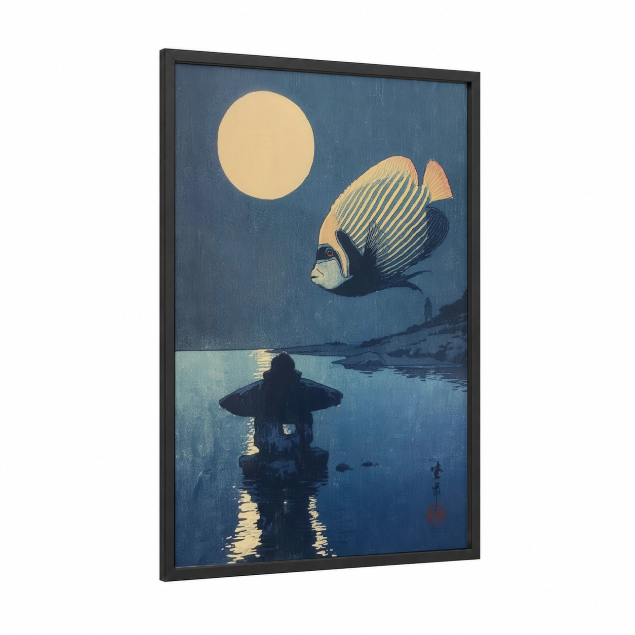 Moonlit Angel Fish framed art print — black wood frame — blue and gold and dark blue palette