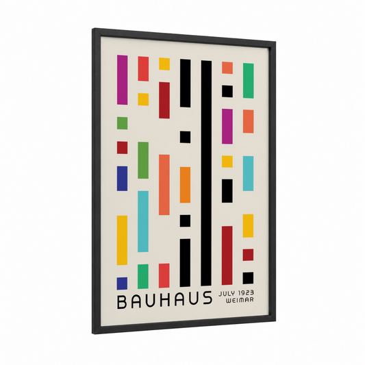 Bauhaus Geometry framed abstract geometric print — black wood frame — black and gold palette