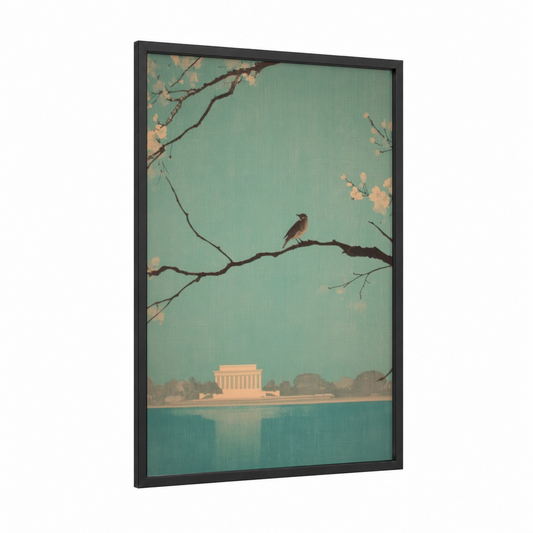 Serene Lincoln Memorial framed art print — black wood frame — teal and peach palette