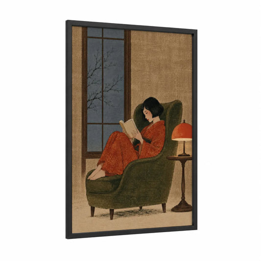 Woman Reading by Window Wall Art framed art print — black wood frame — orange and beige palette