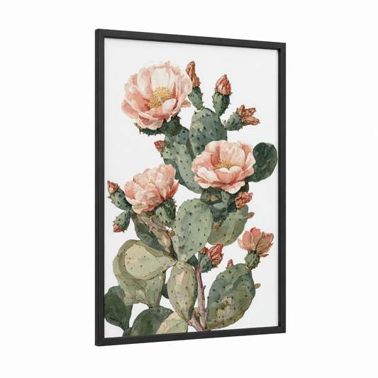 Blooming Prickly Pear framed cactus print — black wood frame — peach and sage green palette