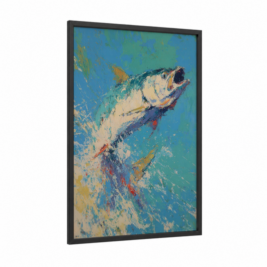 Leaping Tarpon framed art print — black wood frame — blue and gold palette