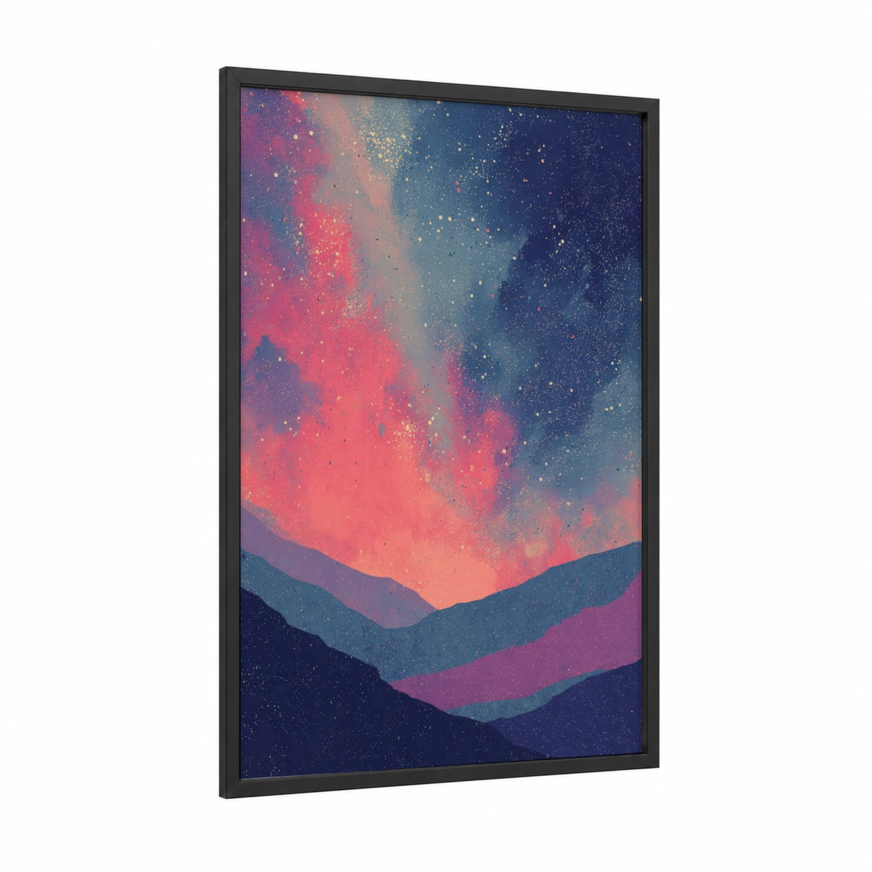 Cosmic Aurora framed galaxy print — black wood frame — magenta and royal blue palette