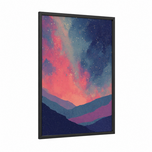 Cosmic Aurora framed galaxy print — black wood frame — magenta and royal blue palette