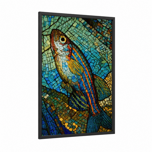 Mosaic Zebrafish framed art print — black wood frame — blue and gold palette