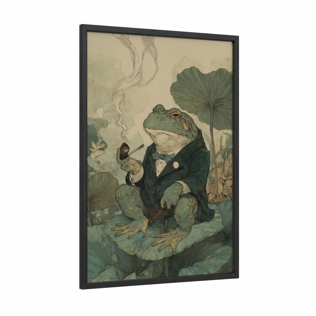 Gentleman Frog framed frogs and toads print — black wood frame — sage green and cream palette