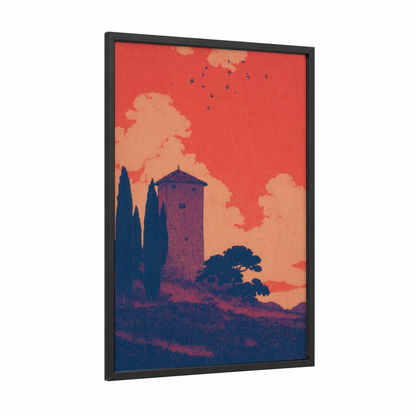 Tuscan Tower Sunset framed towers print — black wood frame — red and gold palette