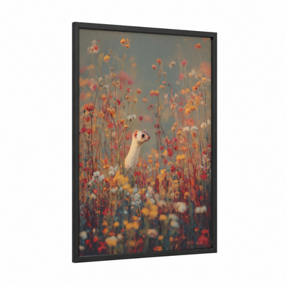 Wildflower Weasel framed art print — black wood frame — orange and cream palette