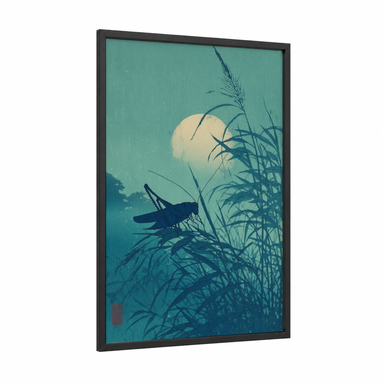 Moonlit Grasshopper framed art print — black wood frame — teal and blue palette