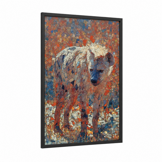 Mosaic Hyena framed art print — black wood frame — orange and blue palette