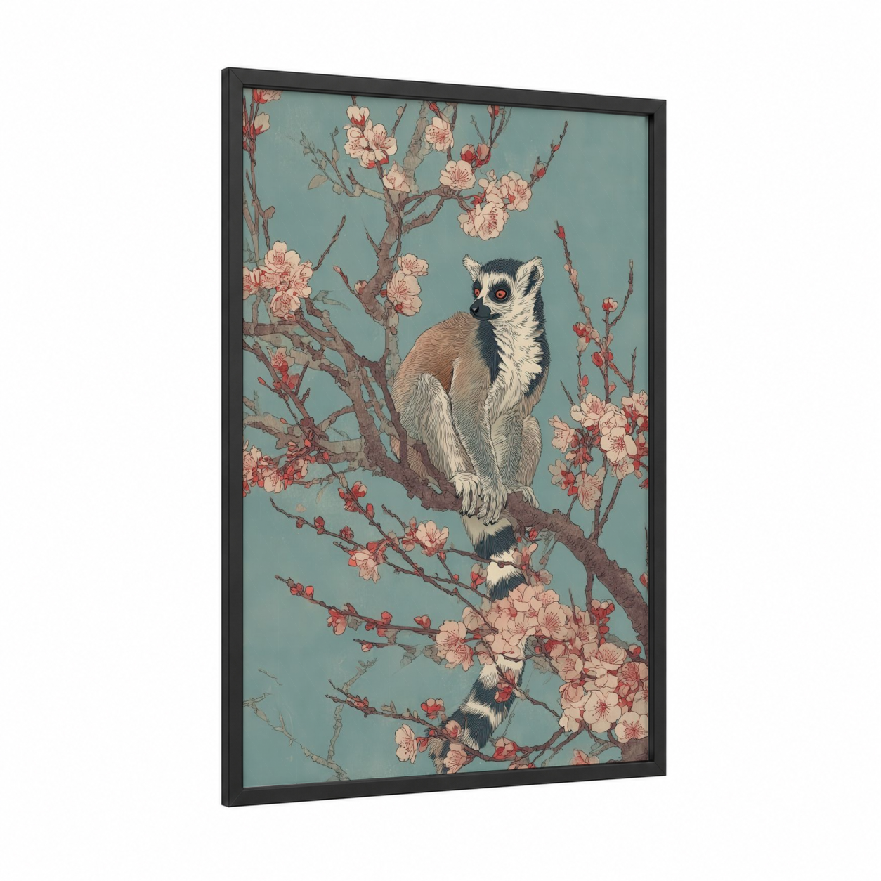 Blossom Lemur framed art print — black wood frame — bermuda gray and peach palette