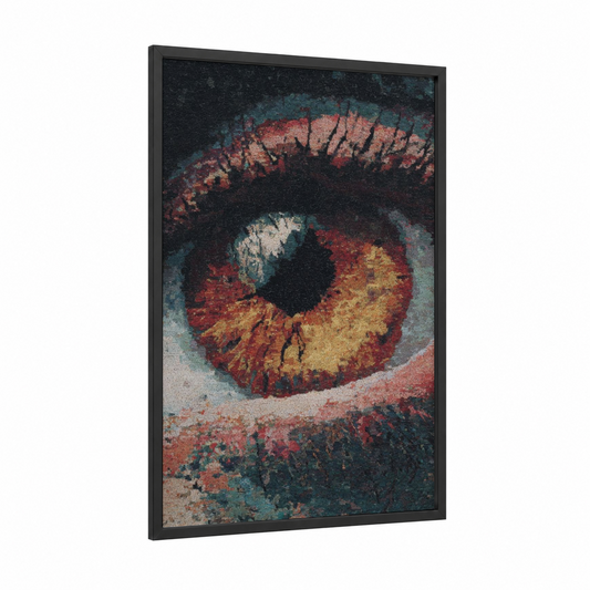 Crimson Iris Eye framed abstract classic print — black wood frame — red and gold palette