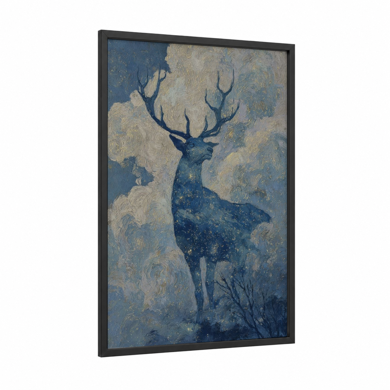 Starlit Reindeer framed art print — black wood frame — dark blue and cream palette