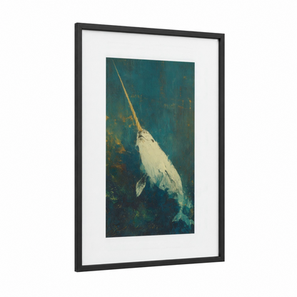Arctic Narwhal framed art print — black wood frame — teal and gold palette