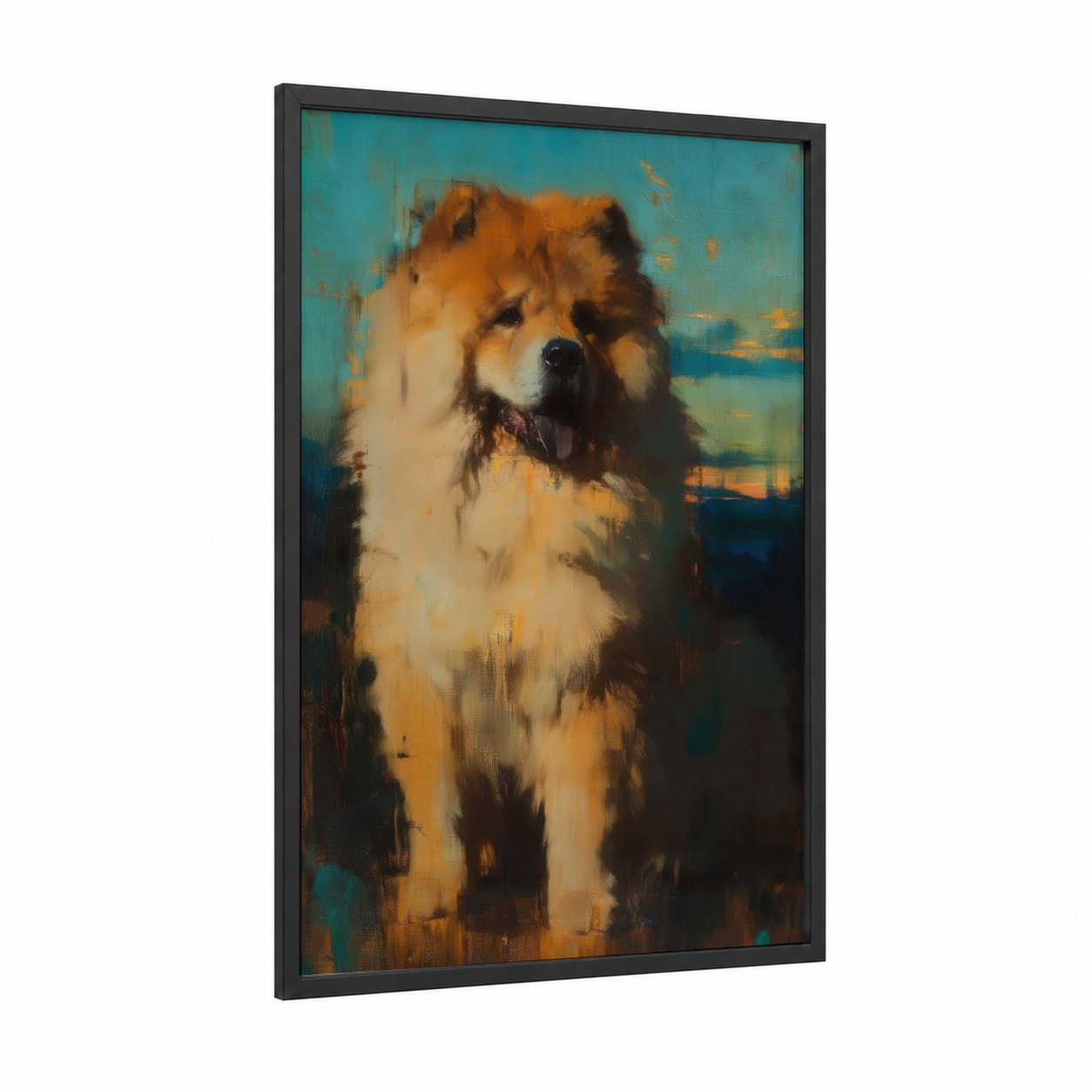 Golden Spitz Portrait framed art print — black wood frame — teal and gold palette