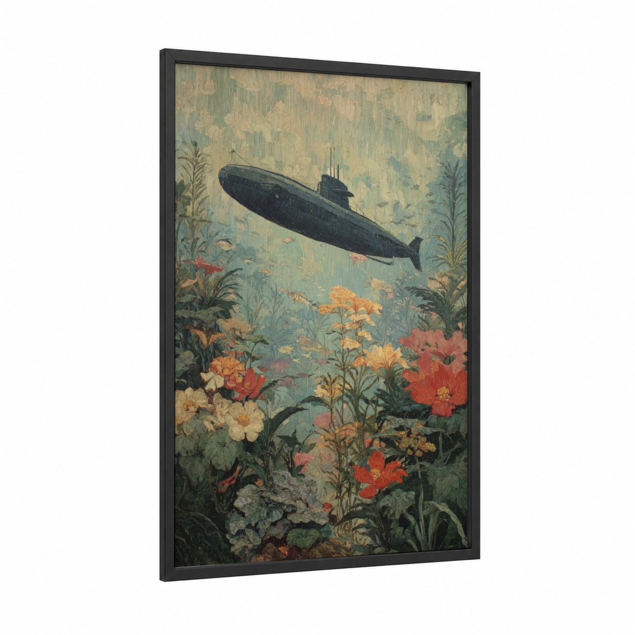 Underwater Submarine framed art print — black wood frame — teal and sage green palette
