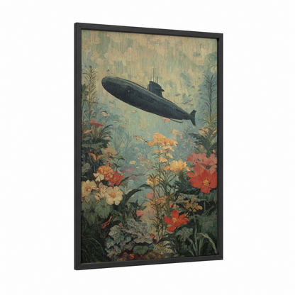 Underwater Submarine framed art print — black wood frame — teal and sage green palette