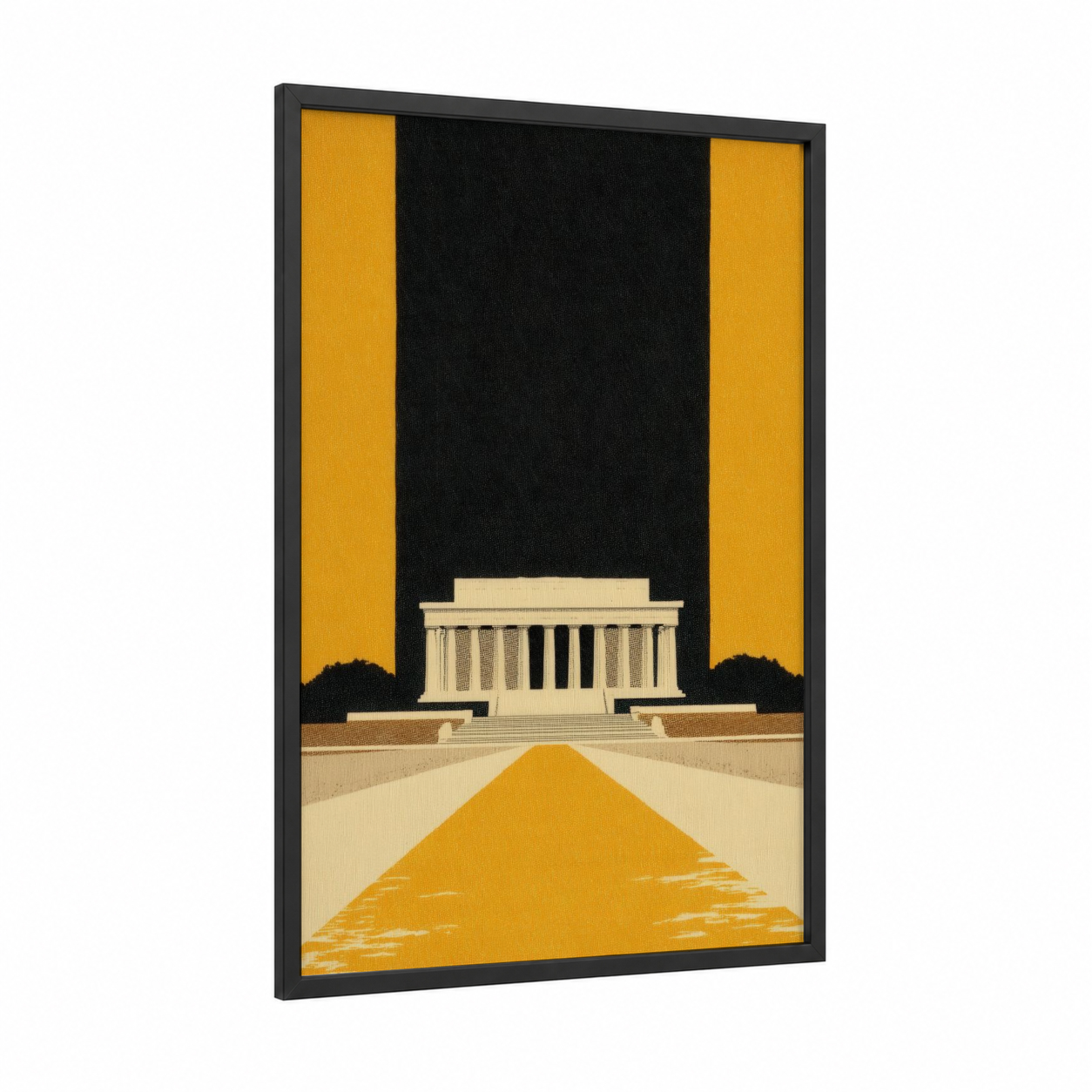 Golden Lincoln Memorial framed art print — black wood frame — gold and black palette