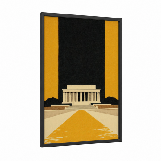 Golden Lincoln Memorial framed art print — black wood frame — gold and black palette