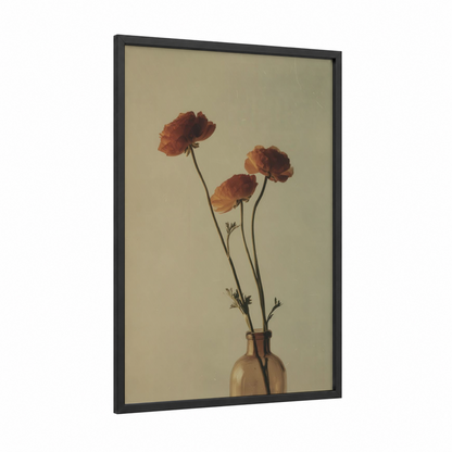 Russet Ranunculus framed art print — black wood frame — russet and beige palette
