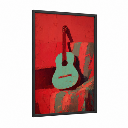 Mint Acoustic Guitar framed art print — black wood frame — red and aquamarine palette