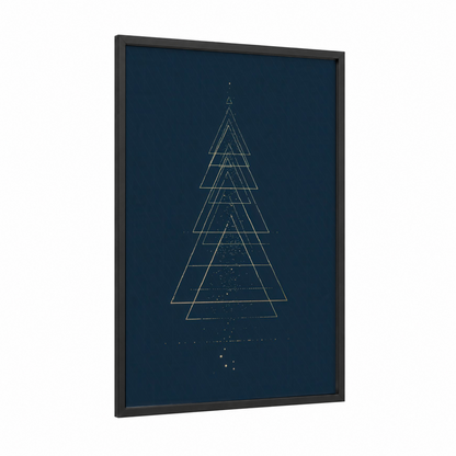 Celestial Christmas Tree framed art print — black wood frame — dark blue and gold and white palette
