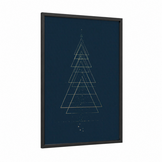 Celestial Christmas Tree framed art print — black wood frame — dark blue and gold and white palette