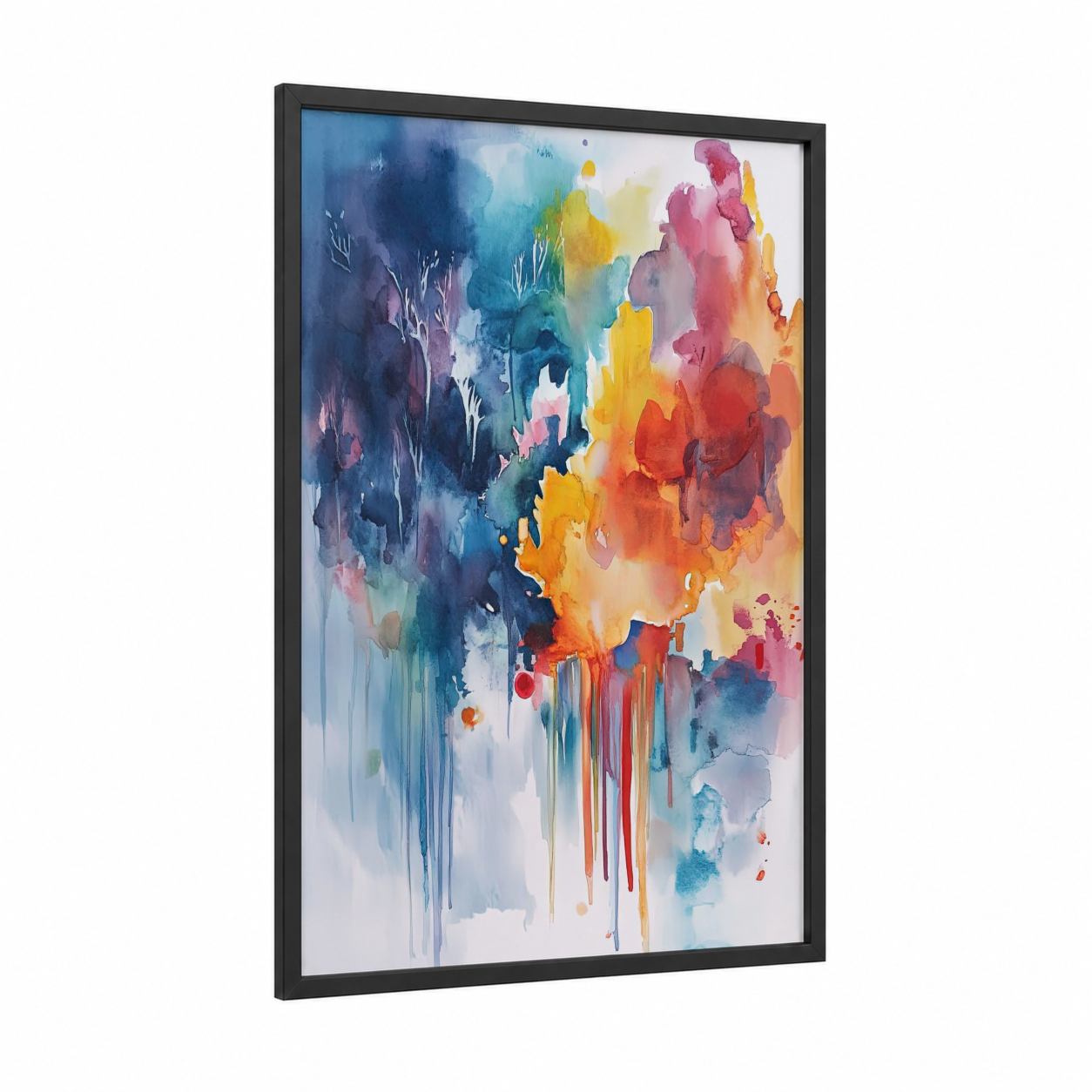 Chromatic Expression framed abstract expressionism print — black wood frame — blue and orange palette