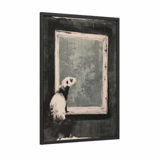Curious Ferret framed art print — black wood frame — black and white and gray palette