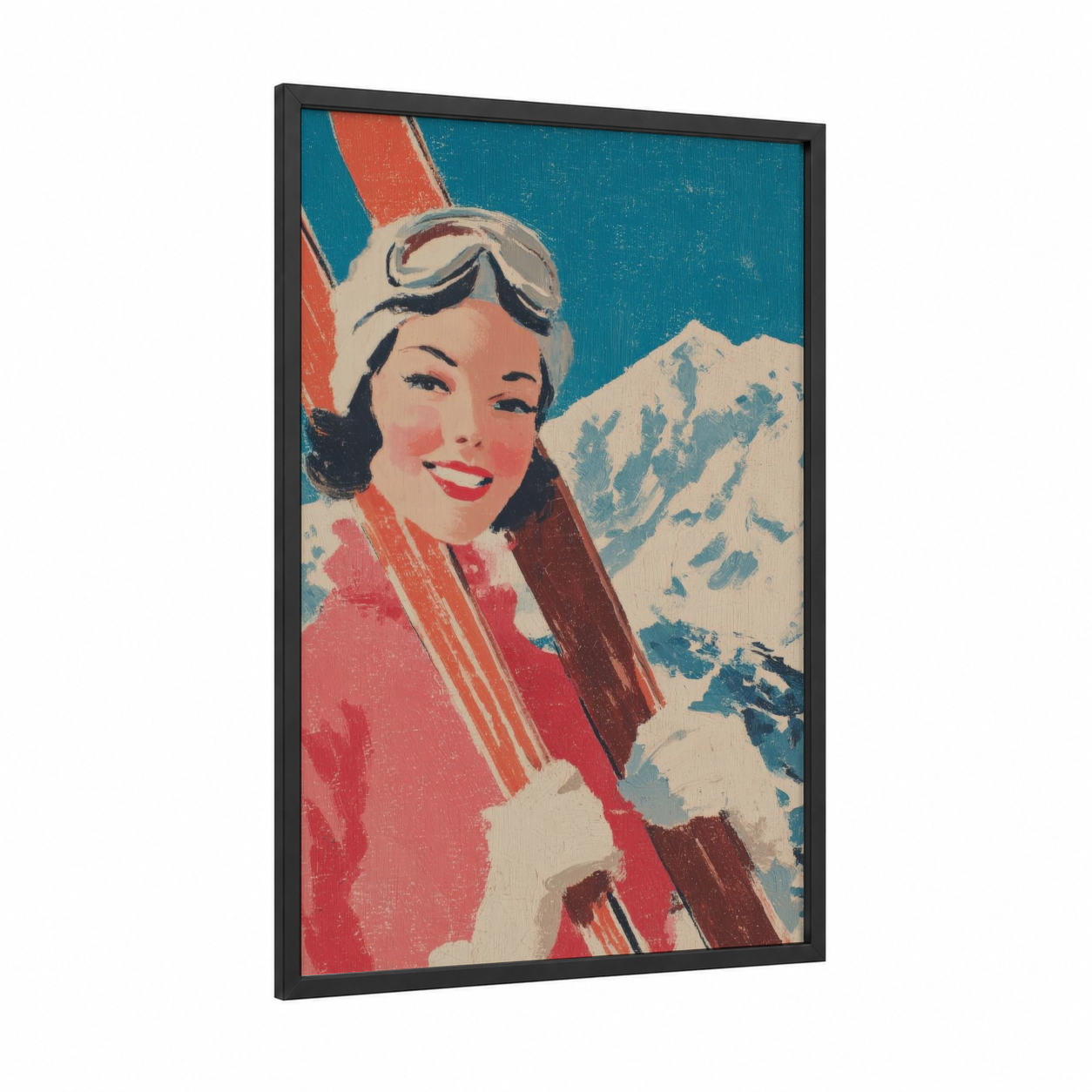 Vintage Ski Girl framed skiing print — black wood frame — teal palette