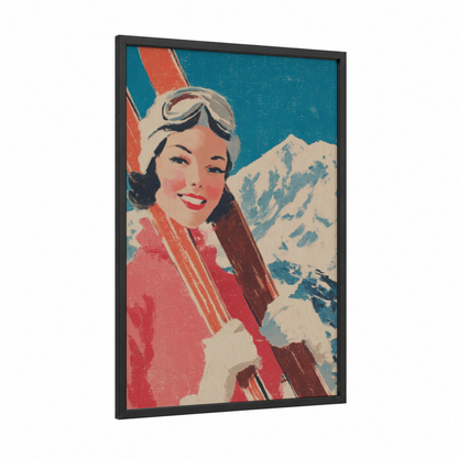 Vintage Ski Girl framed skiing print — black wood frame — teal palette