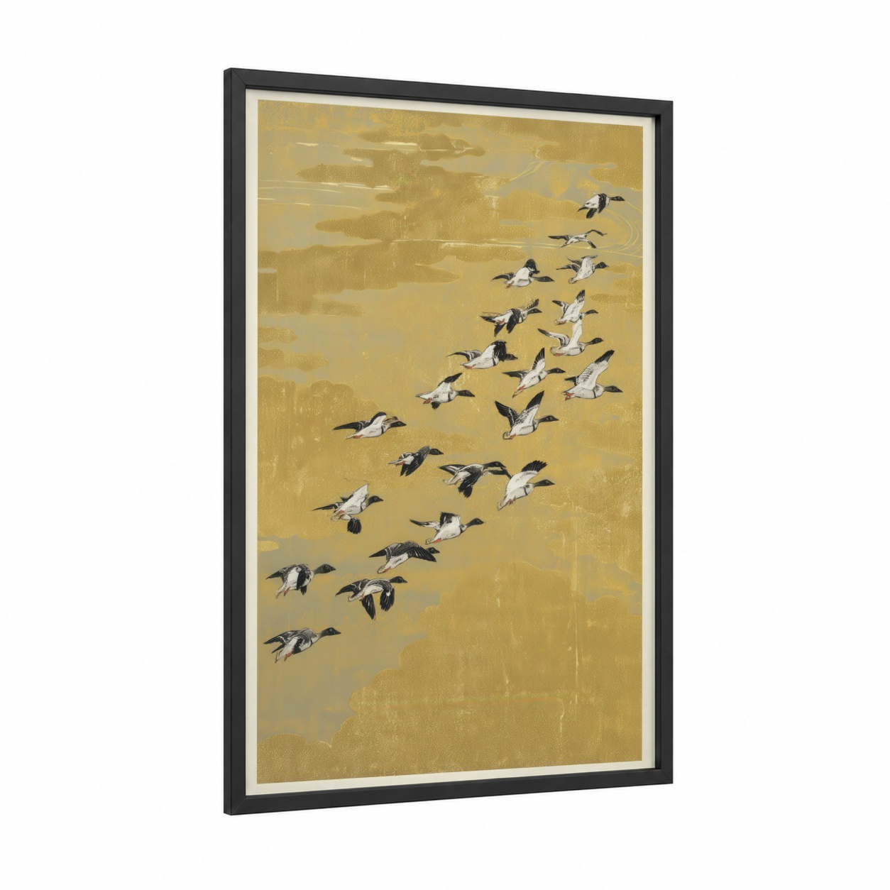 Golden Flight Ducks framed art print — black wood frame — gold and black and white palette