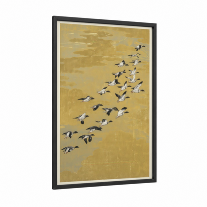 Golden Flight Ducks framed art print — black wood frame — gold and black and white palette