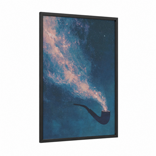 Cosmic Pipe framed smoke print — black wood frame — teal and salmon pink palette