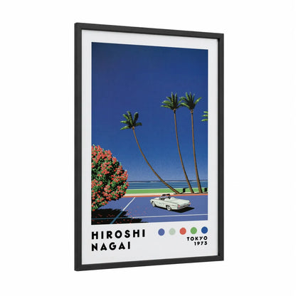 Retro Palm Tree Paradise Wall Art framed art print — black wood frame — blue and royal blue palette
