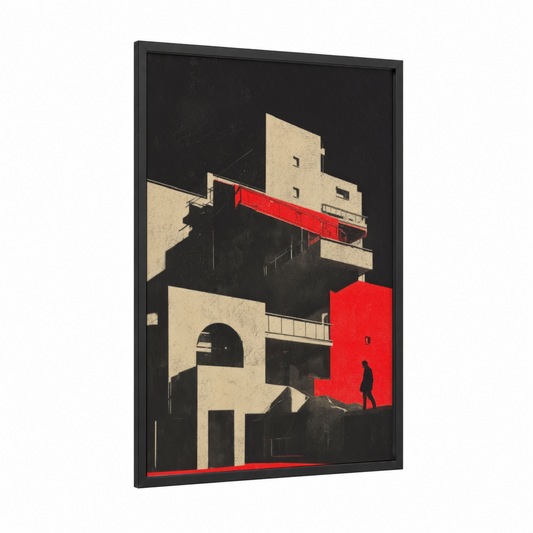 Crimson Geometry framed abstract architecture print — black wood frame — red and black and white palette