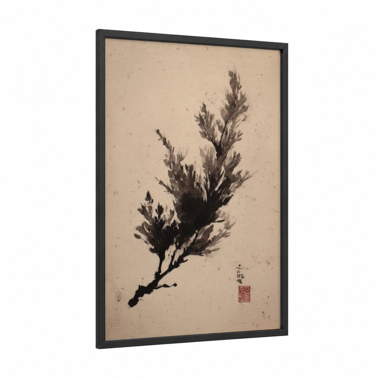 Brushstroke Juniper framed juniper tree print — black wood frame — black and white and beige palette