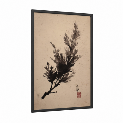Brushstroke Juniper framed juniper tree print — black wood frame — black and white and beige palette