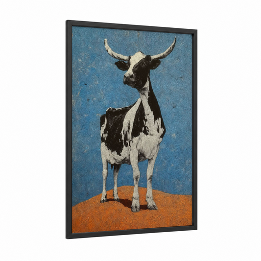 Proud Jersey Cow framed art print — black wood frame — blue and pumpkin palette