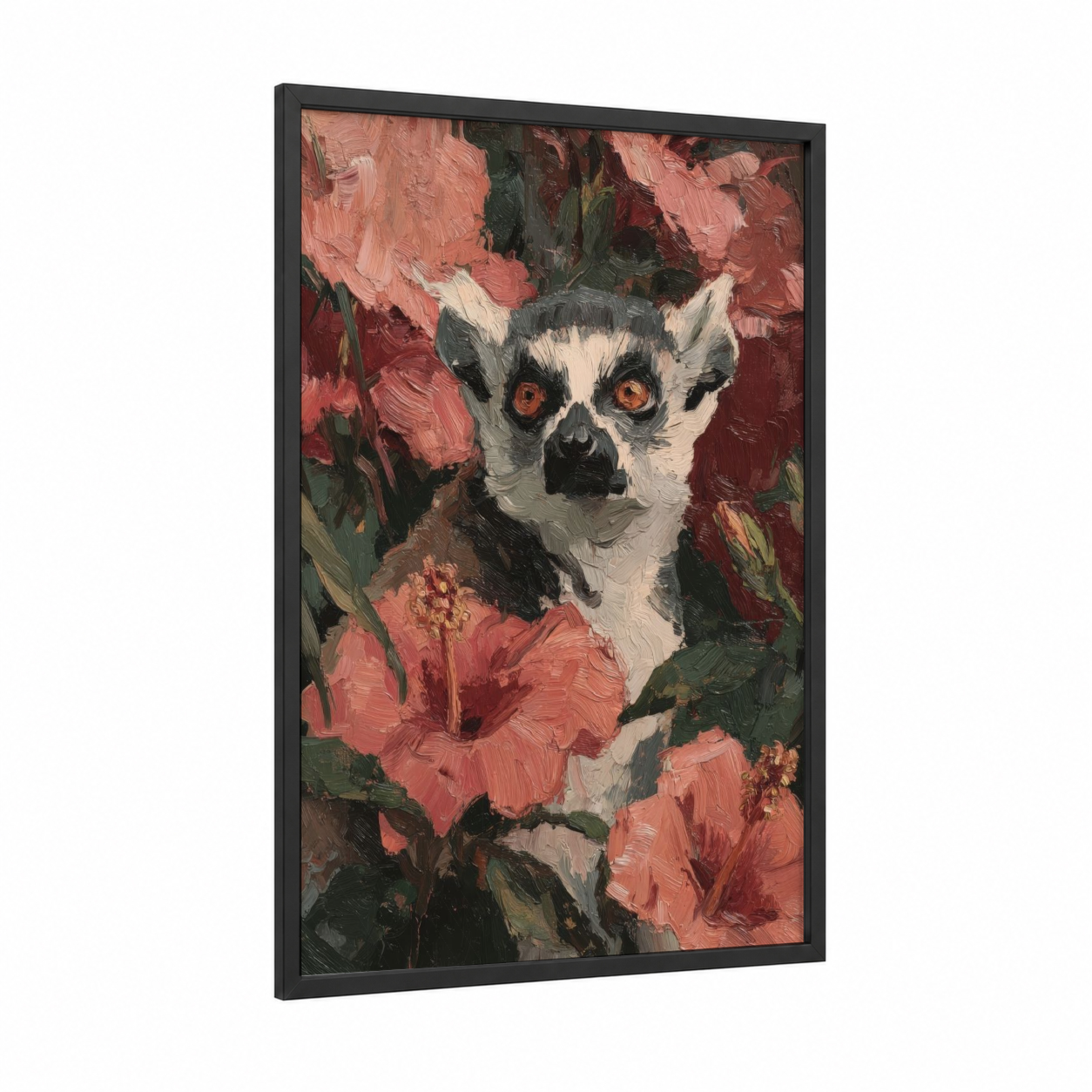Floral Lemur framed art print — black wood frame — salmon pink and dark green palette